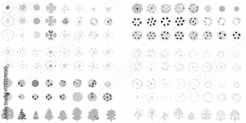 Collection of top down tree symbols and plant icons in various shapes and shades of gray