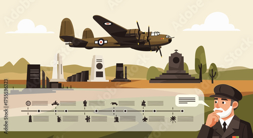 Historical timeline illustration with military aircraft and pensive veteran figure