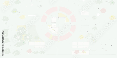 Architectural top down view of a building with surrounding greenery and outdoor spaces