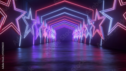 Fototapeta Naklejka Na Ścianę i Meble -  An illuminated futuristic tunnel adorned with glowing neon stars and geometric shapes creating a vibrant otherworldly pathway
