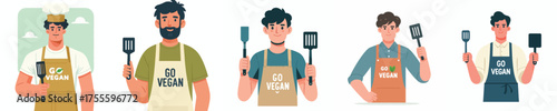 vector of a man holding a spatula and an apron with the words go vegan