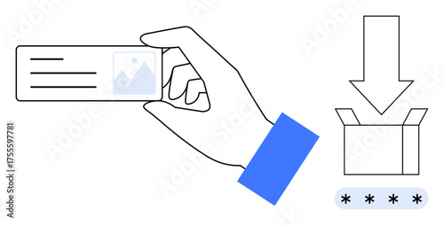 Hand presenting an ID card near a box indicating a download process and password entry. Ideal for identity verification, digital security, data management, online access, credentials, onboarding