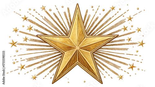 Stylized Golden Starburst with Long Beams Radiating Outward, Isolated PNG