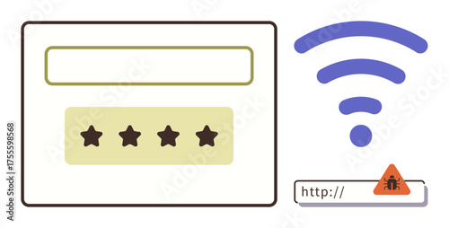 wireless signal icon, login credentials with password stars, warning icon on unsafe URL. Ideal for online safety, hacking, cyber threats, digital privacy, web security, malware simple flat metaphor