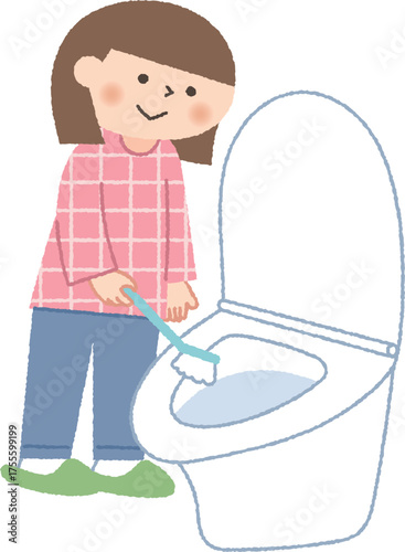 トイレをブラシで掃除する女の子