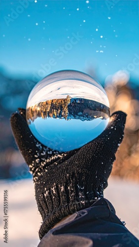 Snowy glove holds a crystal ball reflecting a winter scene