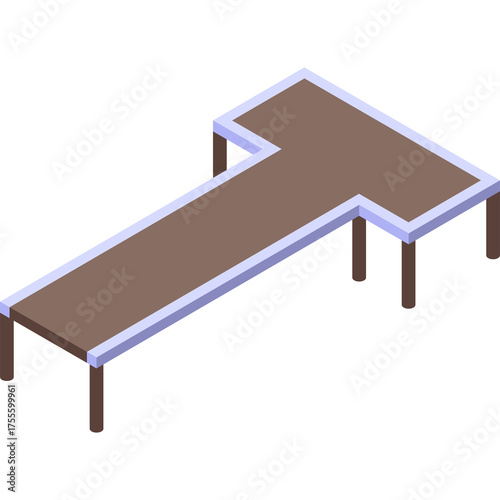 Fototapeta Naklejka Na Ścianę i Meble -  Isometric T Shaped Wooden Dock Pier With Blue Trim and Brown Surface on White Background