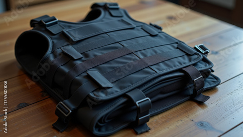 Black tactical vest with armor inserts placed on wooden floor in combat zone