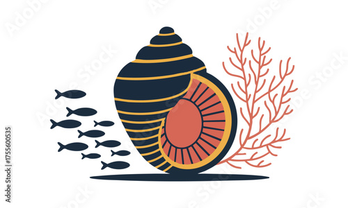 Aquatic Vector illustration Set in Tech Navy — Fish School, Starfish and Shells, marine and ocean elements, easily editable