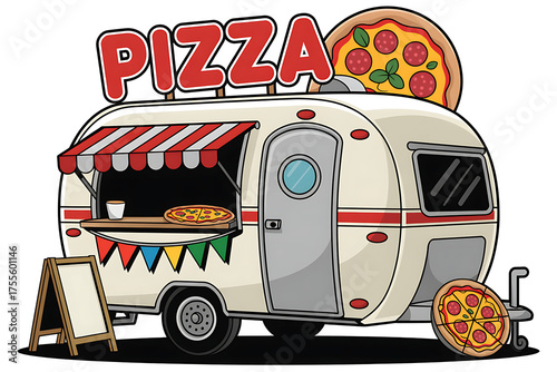 Retro food truck serving delicious pizza with a vintage caravan design