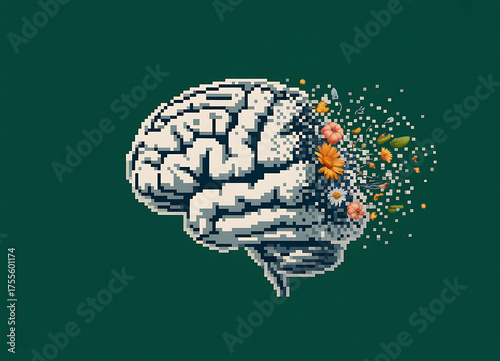 Abstract illustration of a human brain fragmenting into digital particles and colorful elements