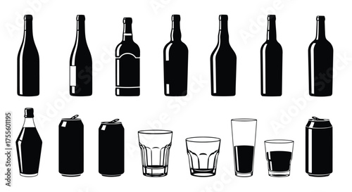 Vector illustration of collection of various bottles, cans, and glasses, black silhouette