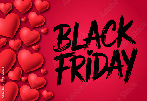 Black friday sale event with many red hearts on a vibrant red background