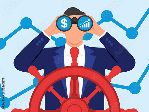 Businessman with binoculars looking at financial charts and holding a ship s wheel