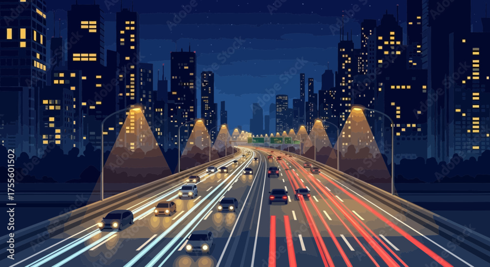 Obraz premium Cityscape highway at night with car lights creating motion trails illustration