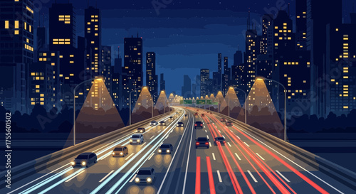 Cityscape highway at night with car lights creating motion trails illustration