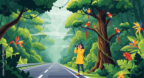 Tropical Rainforest Adventure: Birdwatcher Observes Vibrant Parrots in Lush Jungle