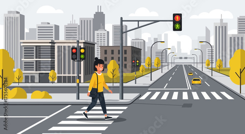 Animated vector illustration depicting a pedestrian crossing a city street