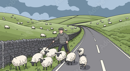 Pastoral scene featuring a shepherd and his flock along a tranquil countryside road