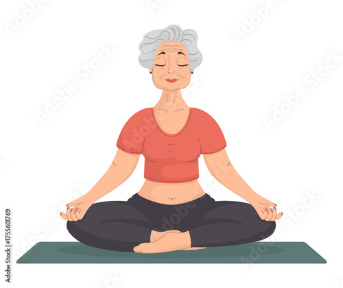 An elderly woman is doing yoga, sitting in the lotus position.