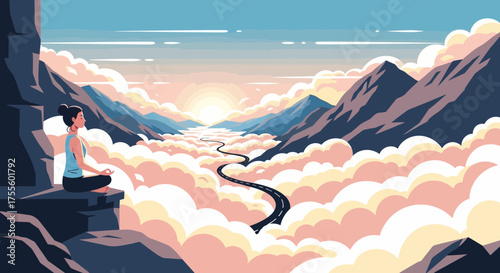 Contemplative moment: yoga practice in heavenly clouds amidst mountainous landscape