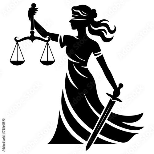 Lady justice with scales and sword isolated on white background, symbolizing law and justice