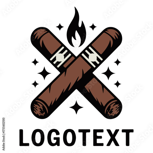Crossed cigars logo isolated on white background with a flame and star accents