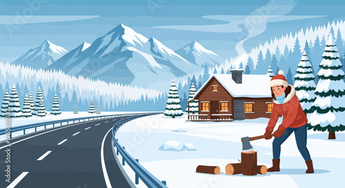 Winter tranquility chopping wood near cabin, embracing cozy mountain retreat