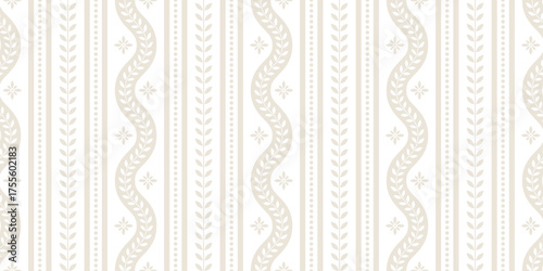 Elegant modern white and cream beige vertical wavy stripes and climbing vines traditional vector seamless pattern background design