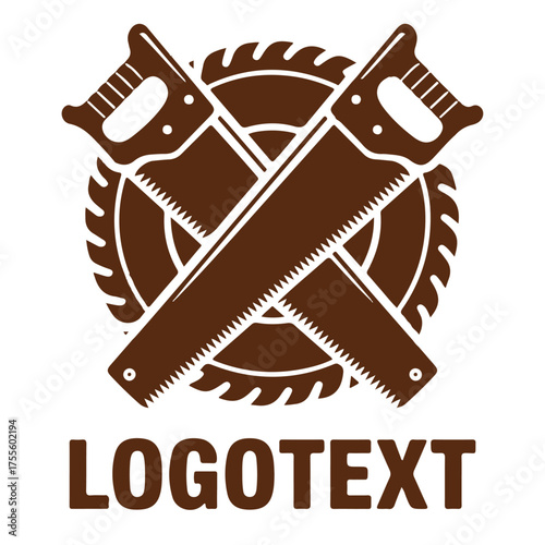 Crossed hand saws with circular saw blade isolated on white background for carpentry