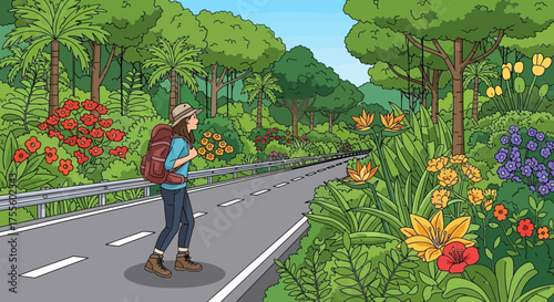 Adventurous trek: Woman backpacking amidst lush tropical roadside foliage