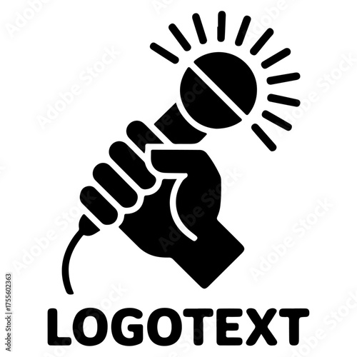 Hand holding a microphone with light rays isolated on white background