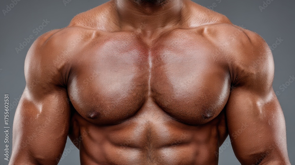 Fototapeta premium Muscular chest showcase fitness studio image of strength indoor front view bodybuilding concept for fitness enthusiasts