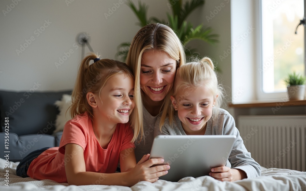 © hao - Blonde mom and kids making a video call on a tablet text space banner. High quality © hao - Blonde mom and kids making a video call on a tablet text space banner. High quality