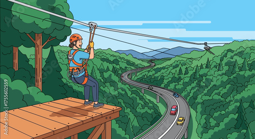 Thrilling zip line adventure through lush green forests and winding roads illustration