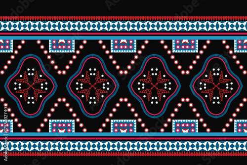 Traditional Thai khid fabric pattern featuring red, blue, and black geometric motifs. Inspired by tribal textile art, it combines symmetry, culture, and elegance—perfect for fabric, background, or dec