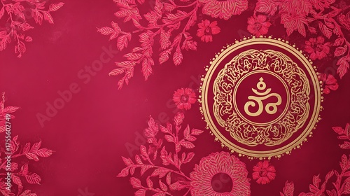 Elegant red and gold invitation card design with floral details and om symbol for hindu celebrations
