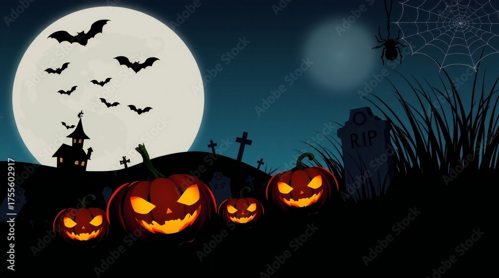 Fototapeta premium Spooky halloween night with full moon and jack o lanterns