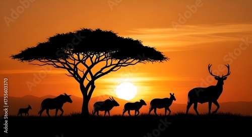 Sunset silhouette of African safari animals – vector illustration