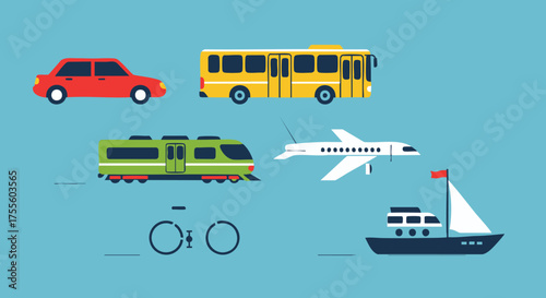 Collection of various modes of transportation including cars, buses, trains, planes, bicycles, and boats