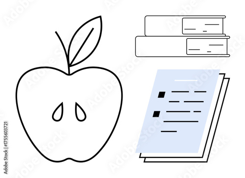 Apple, stacked books, and papers with text lines emphasize education, learning, reading, or student tasks. Ideal for teaching, knowledge sharing academia literacy schoolwork tutoring. Simple flat