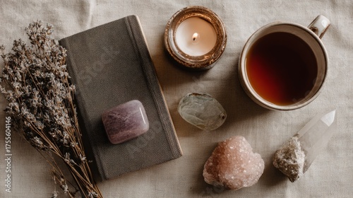 Minimal flat lay of wellness items
