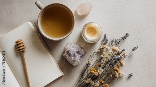 Minimal flat lay of wellness items