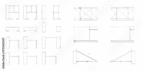Collection of architectural sketches and furniture designs showing various perspectives and details