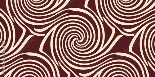 Abstract seamless pattern with mesmerizing swirling lines creating a hypnotic optical illusion effect on a dark maroon background