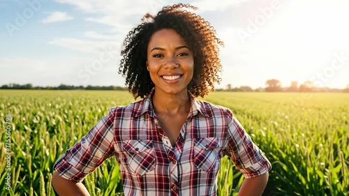 A happy African American woman farmer smiling in a cornfield. Portrait of a confident agricultural business owner at sunset. Success in farming concept