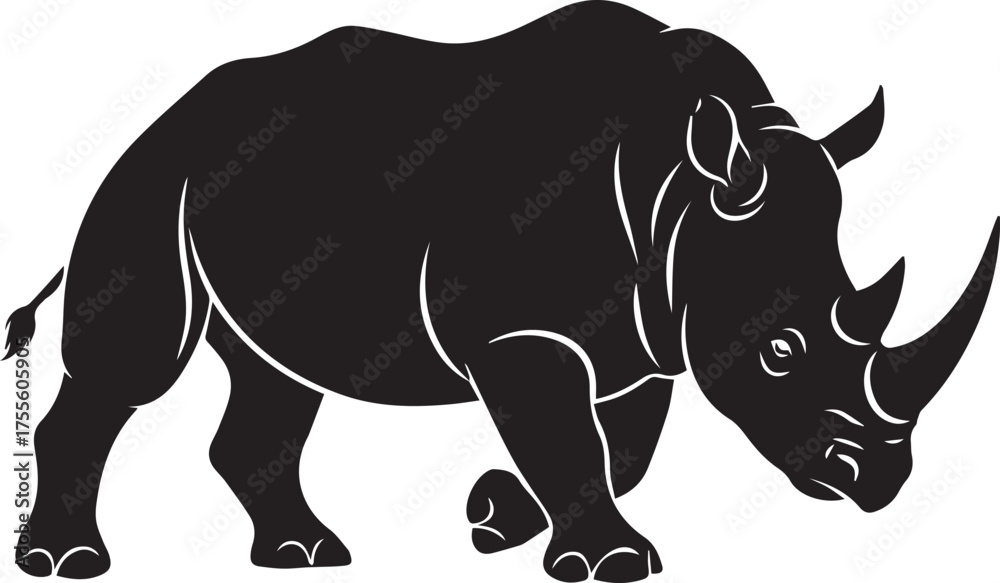 Fototapeta premium Powerful silhouette of a black rhinoceros charging with sharp horns majestic wildlife creature