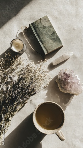 Minimal flat lay of wellness items