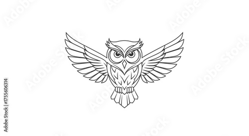 Outline drawing of an owl with wings spread wide on a white background in a symmetrical design