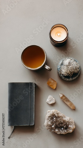 Minimal flat lay of wellness items